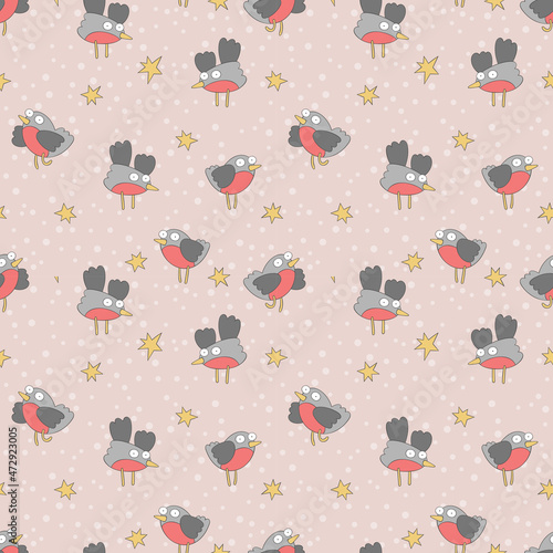 Cute cartoon bullfinches. Stars print. Seamless vector pattern (background). 