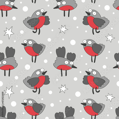 Cute cartoon bullfinches. Stars print. Seamless vector pattern (background). 