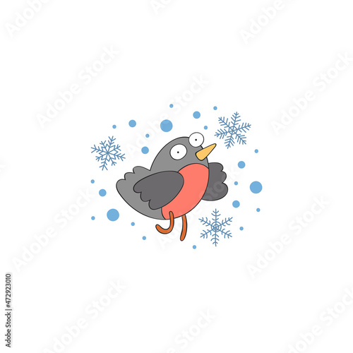Cute cartoon bullfinches. Stars print. Isolated vector pattern (art) on a white background. Snowflakes. 