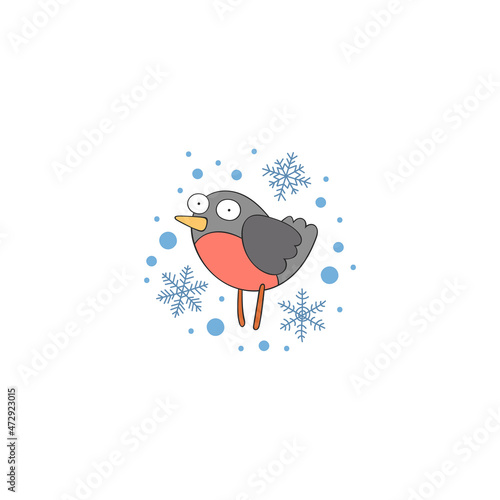 Cute cartoon bullfinches. Stars print. Isolated vector pattern (art) on a white background. Snowflakes. 