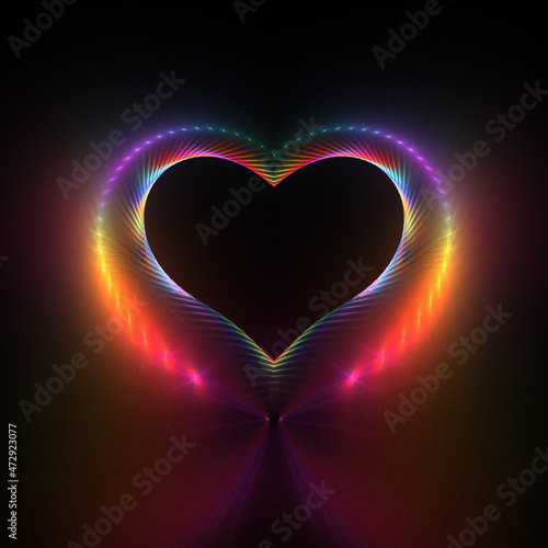 Colorful glowing heart photo frame on black background