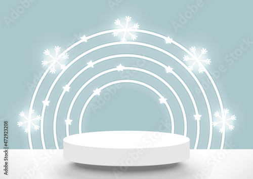 Christmas scene. Stage podium 3d with neon light decor snowflake, star, isolated on light blue studio winter background. Vector illustration.