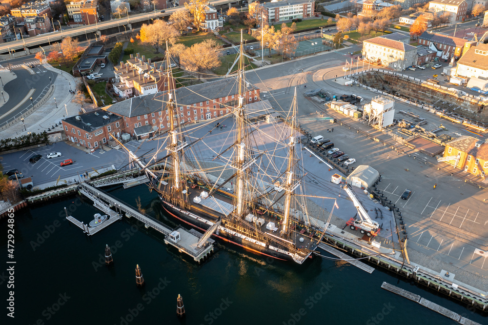 Obraz premium aerial view of 18 century battle ship docked in Boston Harbor