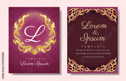 Card invitation  elegant gold floral wedding layout  on Red color background design.