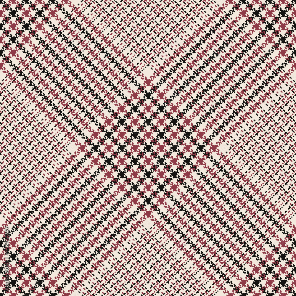 Check pattern tweed for autumn winter in black, red pink, off white. Seamless herringbone textured glen tartan plaid vector for jacket, coat, skirt, dress, other modern fashion textile print.