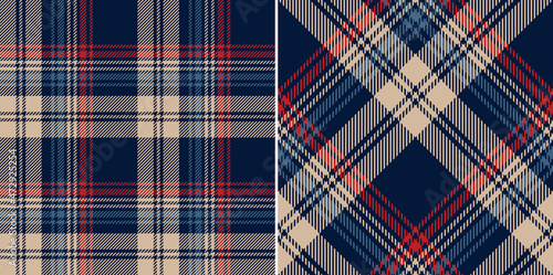 Seamless check plaid pattern set in navy blue, red, beige. Dark tartan vector print for flannel shirt, skirt, blanket, throw, other modern spring summer autumn winter modern fashion fabric design.