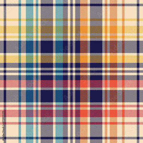 Tartan check plaid pattern for autumn winter. Seamless colorful herringbone large vector in navy blue, red, orange, yellow, beige for scarf, blanket, duvet cover, other modern fashion fabric design.