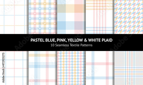 Plaid pattern set for summer in pastel colorful blue, pink, yellow, white. Seamless tartan vector background for flannel shirt, scarf, skirt, dress, other modern Easter holiday fashion fabric design.
