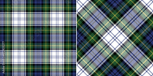 Tartan check plaid pattern Gordon Dress in blue, green, yellow, white. Seamless traditional vector for spring autumn winter flannel shirt, blanket, duvet cover, other modern fashion textile print. photo