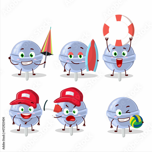 Happy Face sweet blueberry lolipop cartoon character playing on a beach