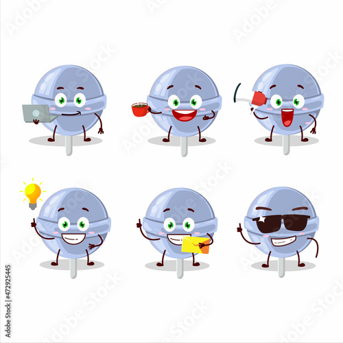 Sweet blueberry lolipop cartoon character with various types of business emoticons