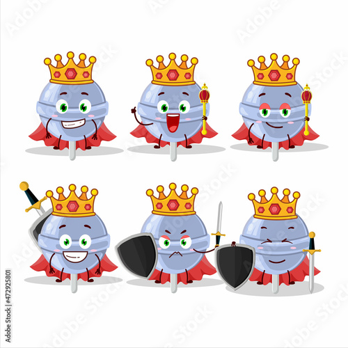 A Charismatic King sweet blueberry lolipop cartoon character wearing a gold crown