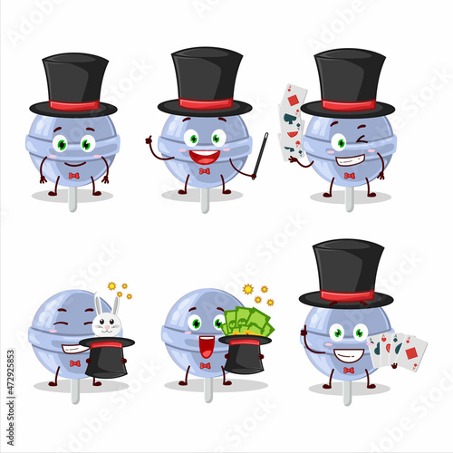 A sweet blueberry lolipop Magician cartoon character perform on a stage