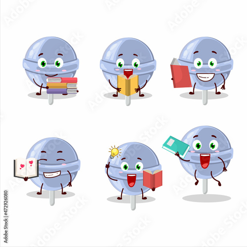 A picture of sweet blueberry lolipop cartoon character concept reading an amusing book
