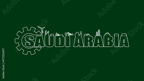Gear with energy and power industrial icons and Saudi Arabia country name.