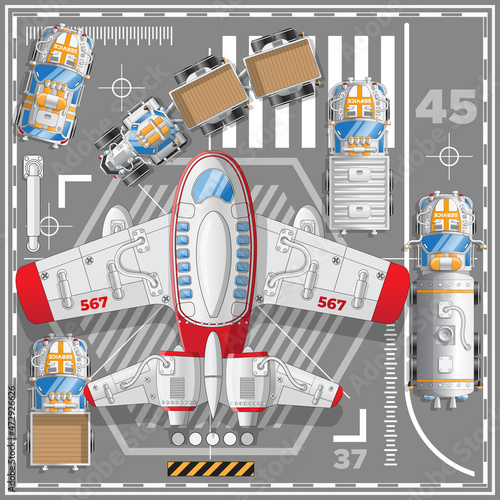 Passenger plane at the airport. View from above. Vector illustration.