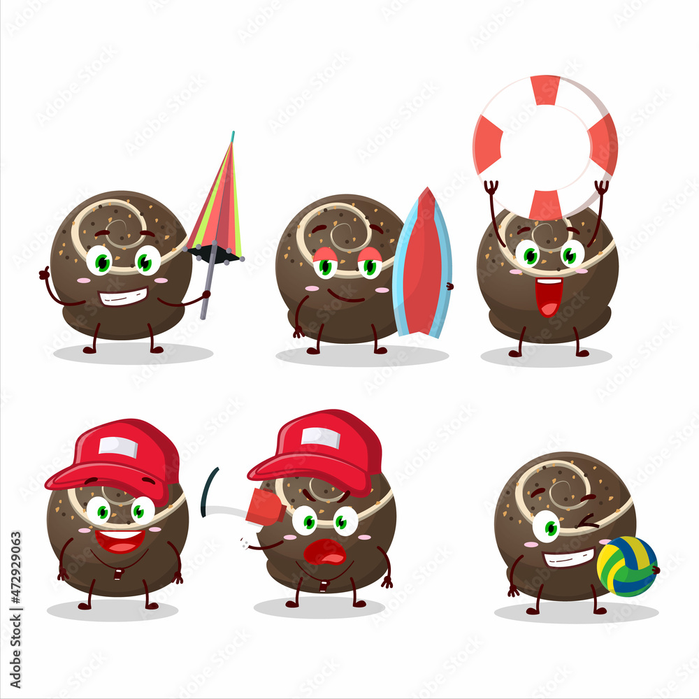 Happy Face truffle chocolate candy cartoon character playing on a beach Happy Face truffle chocolate candy cartoon character playing on a beach