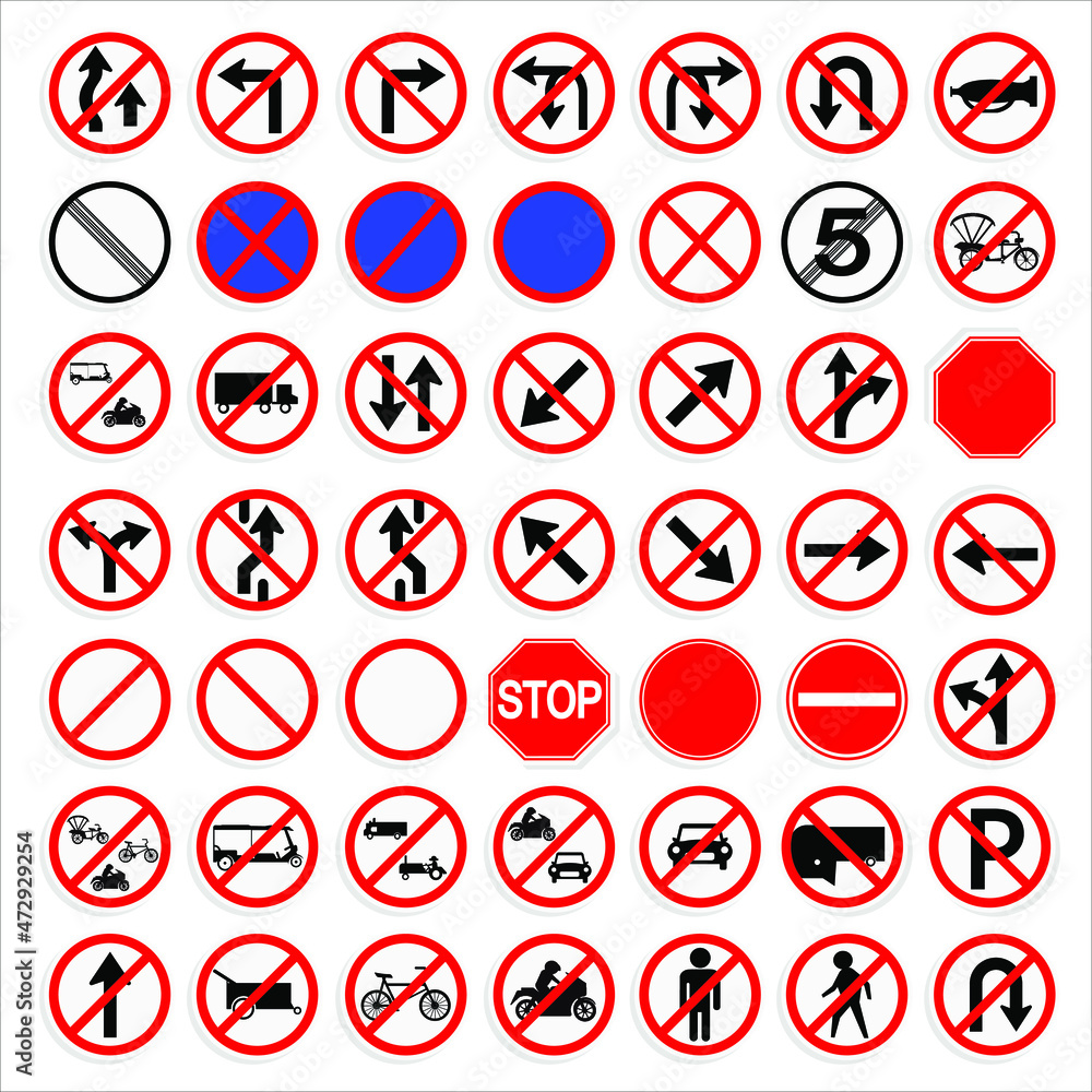 Traffic signal prohibitory sign boards flat vector icon collection set Traffic signal prohibitory sign boards flat vector icon collection set
