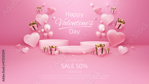 Happy valentine's day background with sale banner template with realistic 3d podium elements, gift box, balloons and ribbon with glitter light effects.