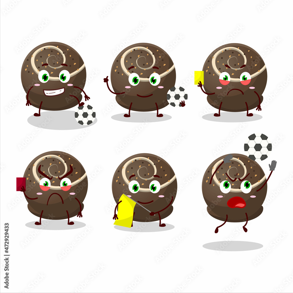 Truffle chocolate candy cartoon character working as a Football referee
