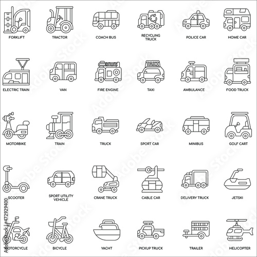 Outline Transport vehicles flat vector icon collection set