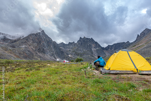 Amazing views in Tombstone Territorial Park in northern Yukon Territory, Canada during summer time with campground in view at Grizzly Lake. 