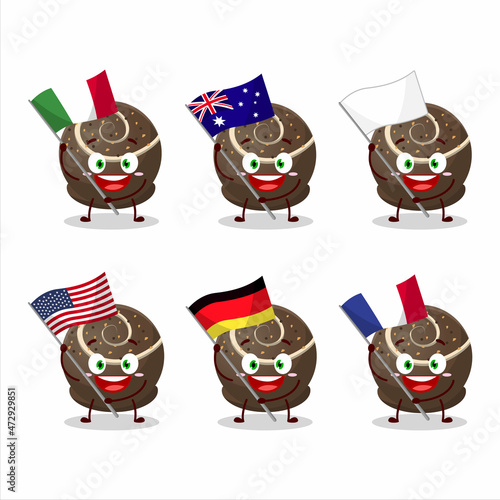 Truffle chocolate candy cartoon character bring the flags of various countries