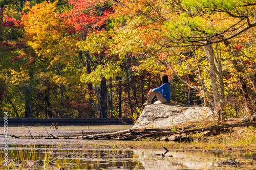 Canvas Print People seeing the nature autumn fall color of Robbers Cave State Park