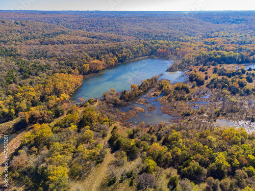 Aerial view of the nature autumn fall color of Tenkiller State Park