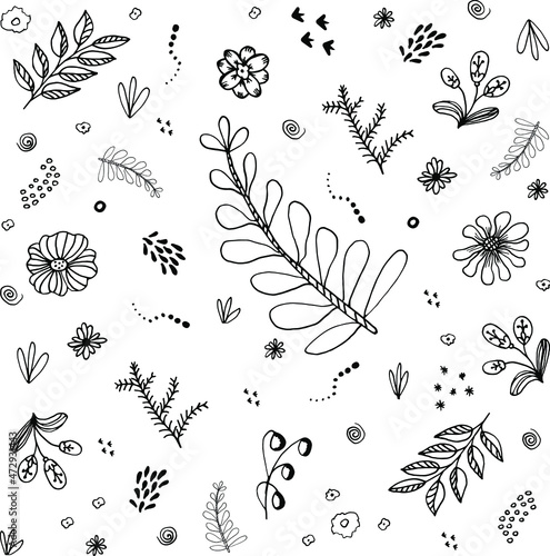 Vector drawing with ink circle texture. Abstract seamless pattern with fireworks. Work handmade engraving floral background with flowers, leaves and branches. Black ink sketch. Great for fabric, print
