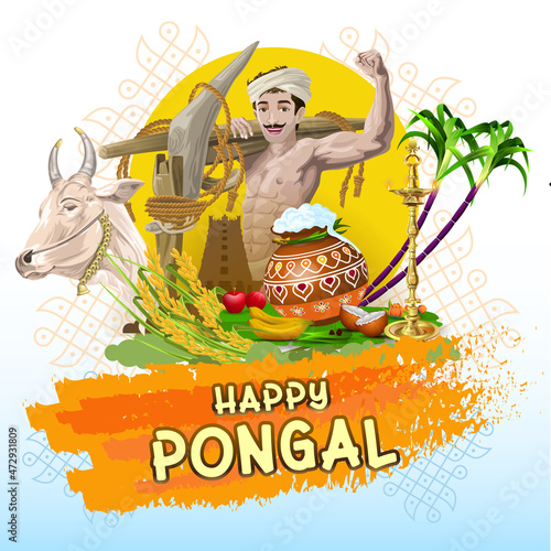 Successful farmer with Pongal greetings elements