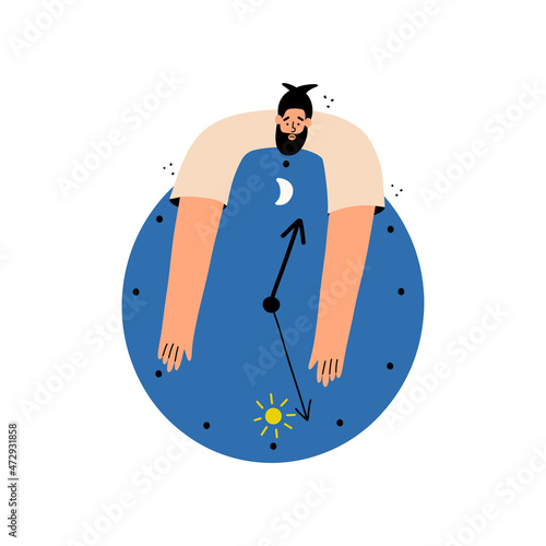 The man cannot sleep and looks at his watch. The person suffers from insomnia, depression. Vector illustration in a flat style.