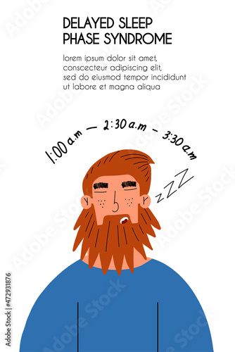 Sleep phase delay syndrome. The man is sleeping. Flyer template. Vector hand drawn illustration