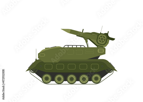Assault armored tank truck. Military amphibious vehicle. Cartoon vintage style. Soldiers. Cannon turret.