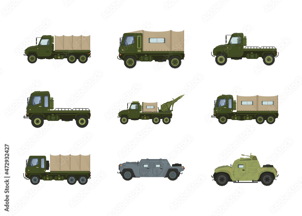 Military Machines and Armored Vehicles Isolated on White Background Vector Set Military Machines and Armored Vehicles Isolated on White Background Vector Set