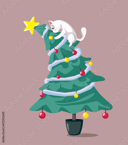 Cat Climbing Christmas Tree Vector Cartoon Illustration
