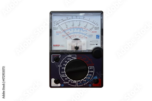Cut out of analog multimeter with pointer needle is not in the zero position or Zero Error, isolated on white background with clipping path. Laboratory instruments in physics and engineering photo