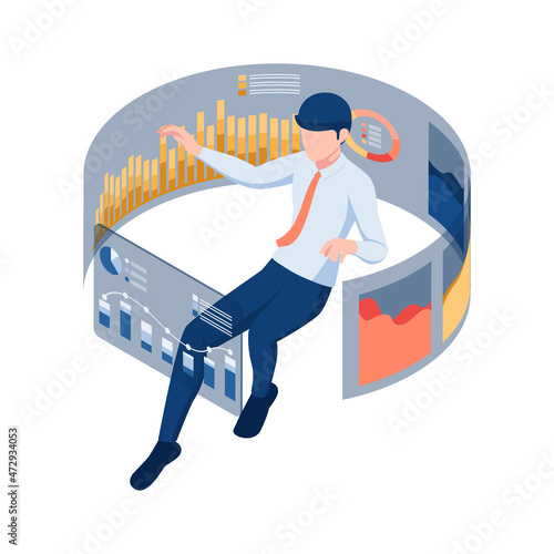 Isometric Businessman Floating and Analyse Virtual Business Graph Chart