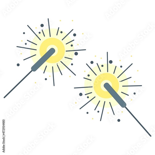 A pair of sparklers. Fireworks explosion icon. Vector isolated composition with thin line illustrations for celebrations, holiday events, parties, New Years Eve, Christmas, Diwali and other festivals.