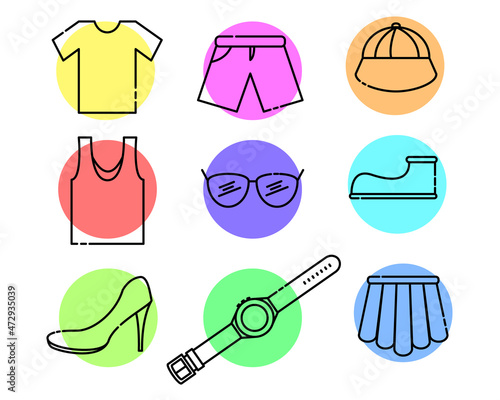 Clothes and wears flat icon set. Shirt, short, cap, glasses, boot, high heels, watch, and skirt minimalist and colorful thin line icon. Daily outfit symbol bundle.