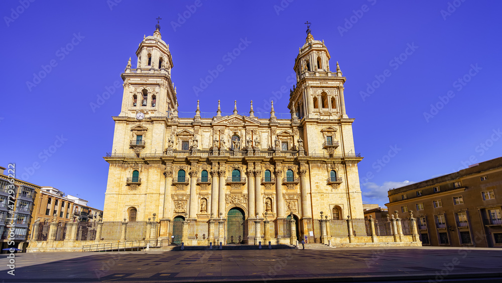 Great cathedral of the city of Jaen and esplanade next to its main facade. Andalusia Spain.
