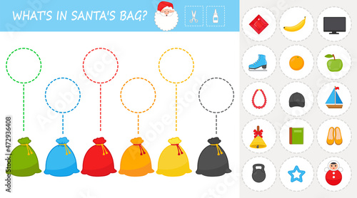 Christmas game game for children. Find out what's in Santa's bag. Study of colors. Vector illustration. Worksheet for printing. Development game