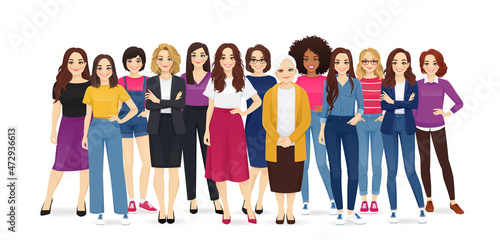 Multiethnic multicultural group of different casual business women standing together isolated vector illustration