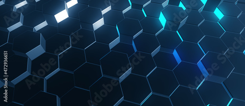 Abstract metal hexagon layers background. hexagon geometry background. Abstract black hexagon pattern on a technology style of neon gradient background.