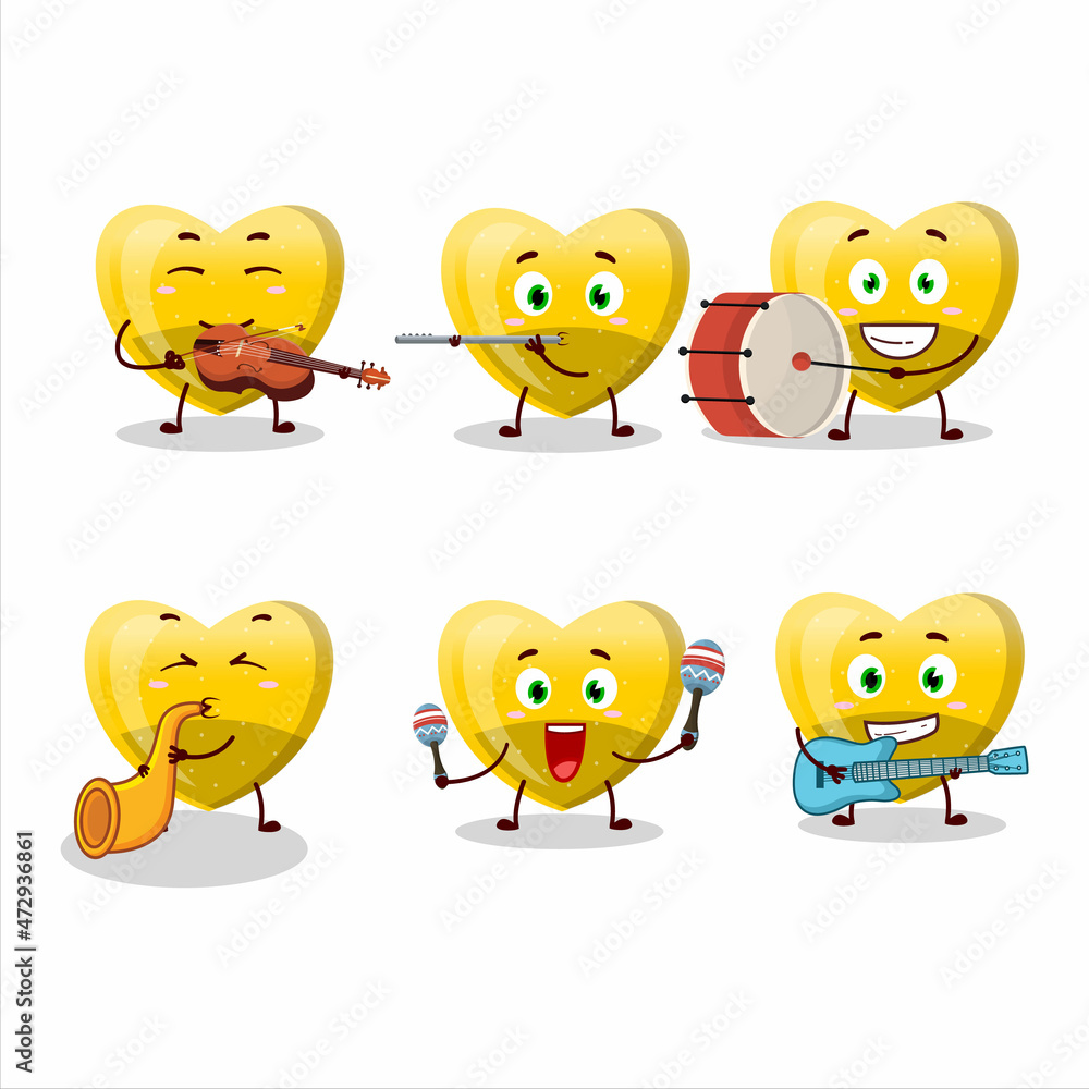Cartoon character of yellow love gummy candy playing some musical instruments Cartoon character of yellow love gummy candy playing some musical instruments