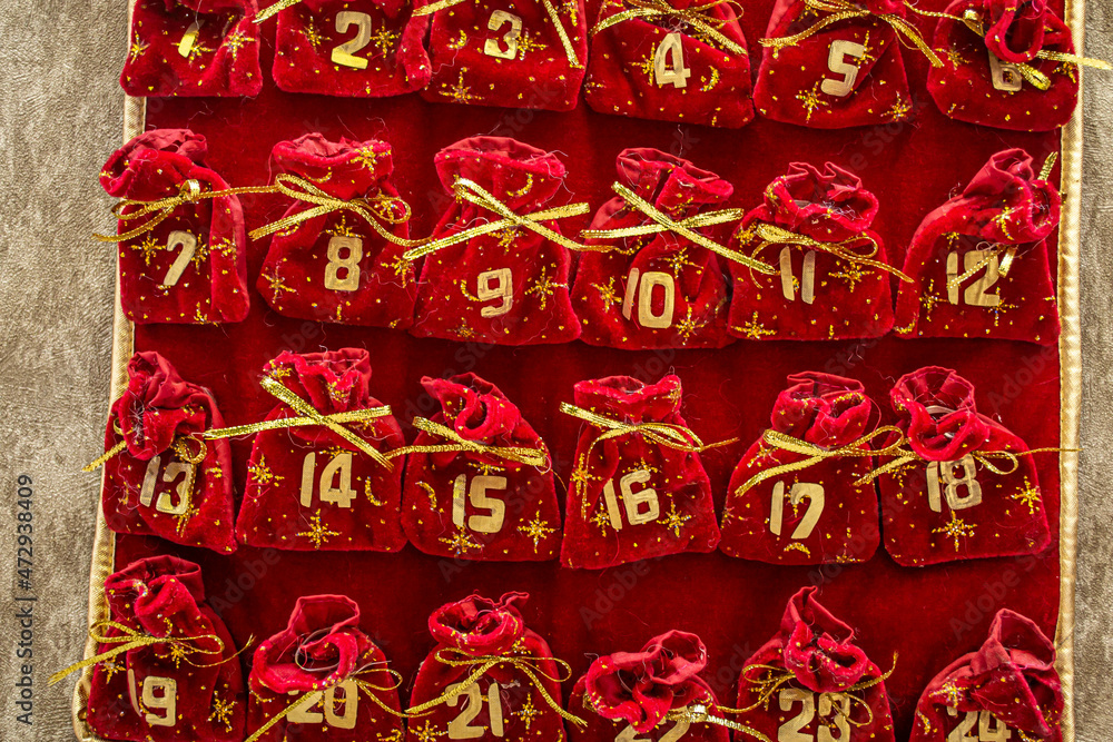 Close-up of the Christmas advent calendar. Celebrating Christmas. Preparing for Christmas. Close-up of the Christmas advent calendar. Celebrating Christmas. Preparing for Christmas.