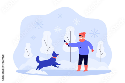 Kid training commands with dog and stick in park. Jump of puppy catching stick flat vector illustration. Obedience, pet training and control concept for banner, website design or landing web page
