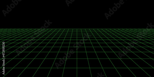 3d wireframe grid room. 3d perspective laser grid. Cyberspace black background with green mesh. Futuristic digital wall in virtual reality. Vector illustration.
