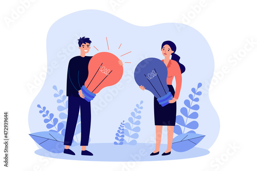 Tiny employees with light bulbs on or off in hands. Man holding glowing lightbulb flat vector illustration. Innovation, business idea generation concept for banner, website design or landing web page