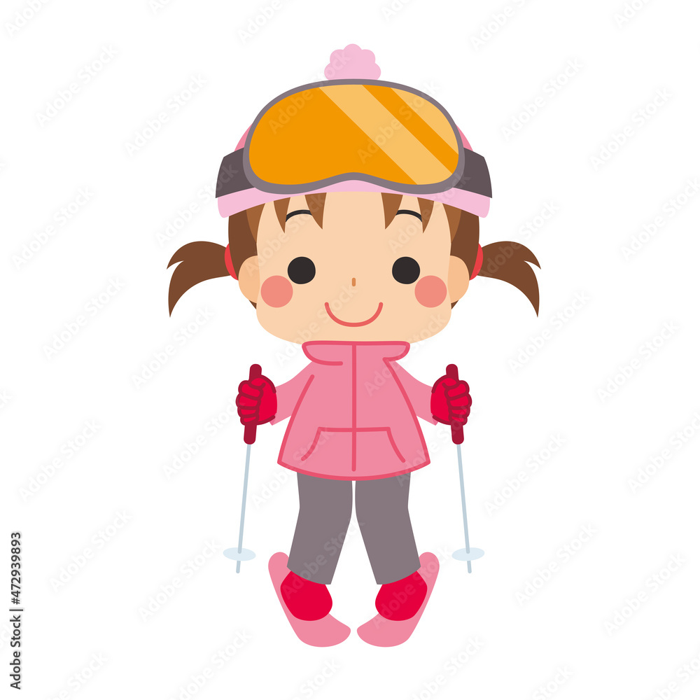 スキーを滑って遊んでいる可愛い小さな女の子のイラスト 白背景 クリップアート Stock Vector Adobe Stock